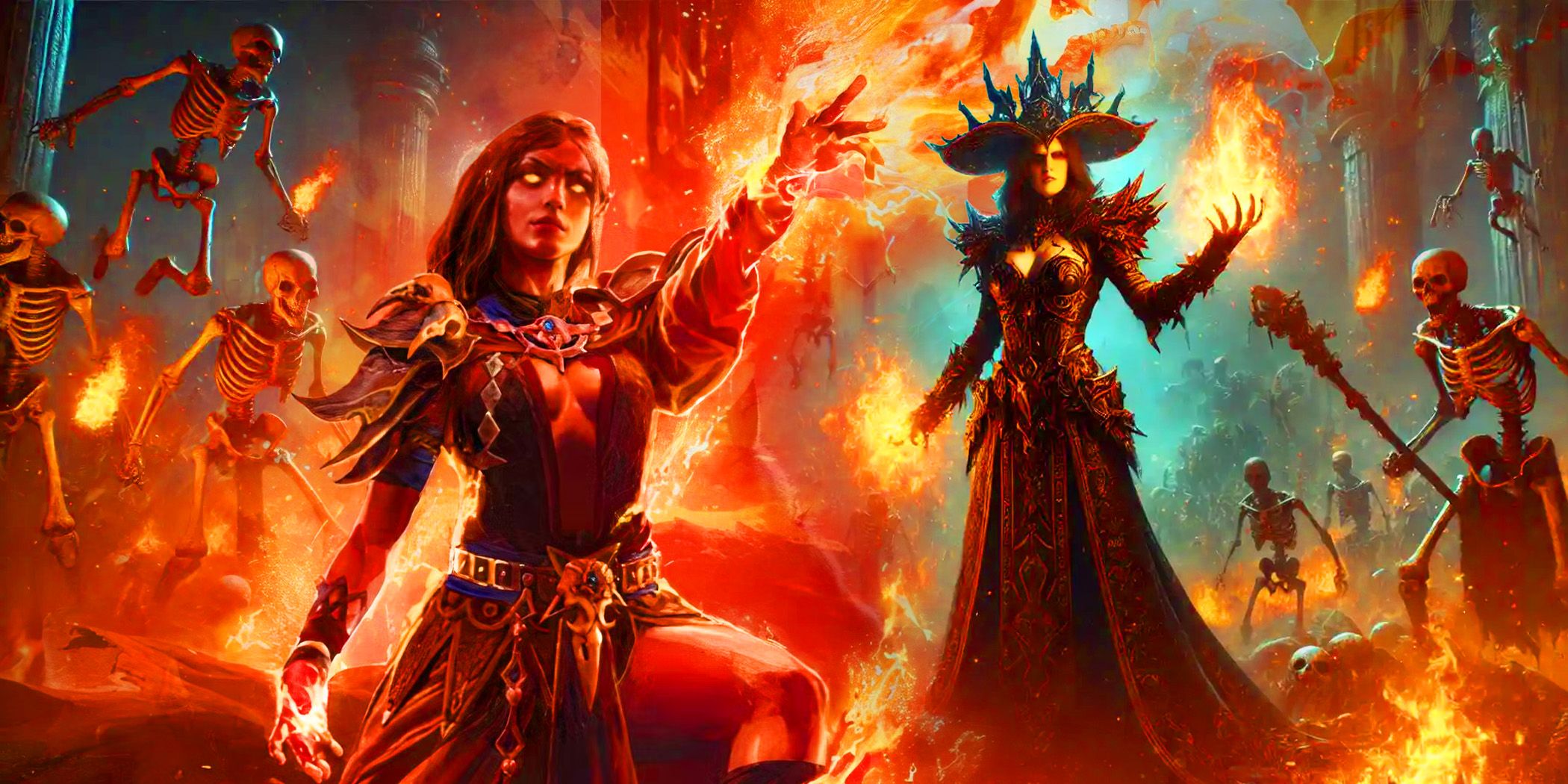 Two witches from Path of Exile 2 surrounded by skeleton minions.