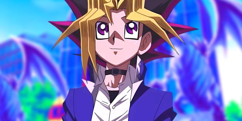 Yugi smiling while wearing his school uniform. Behind him, Kaiba Corp. can be seen. 