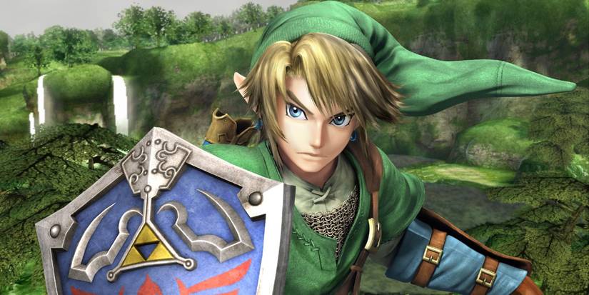 The Legend of Zelda's Link in front of Twilight Princess' Fishing Hole.