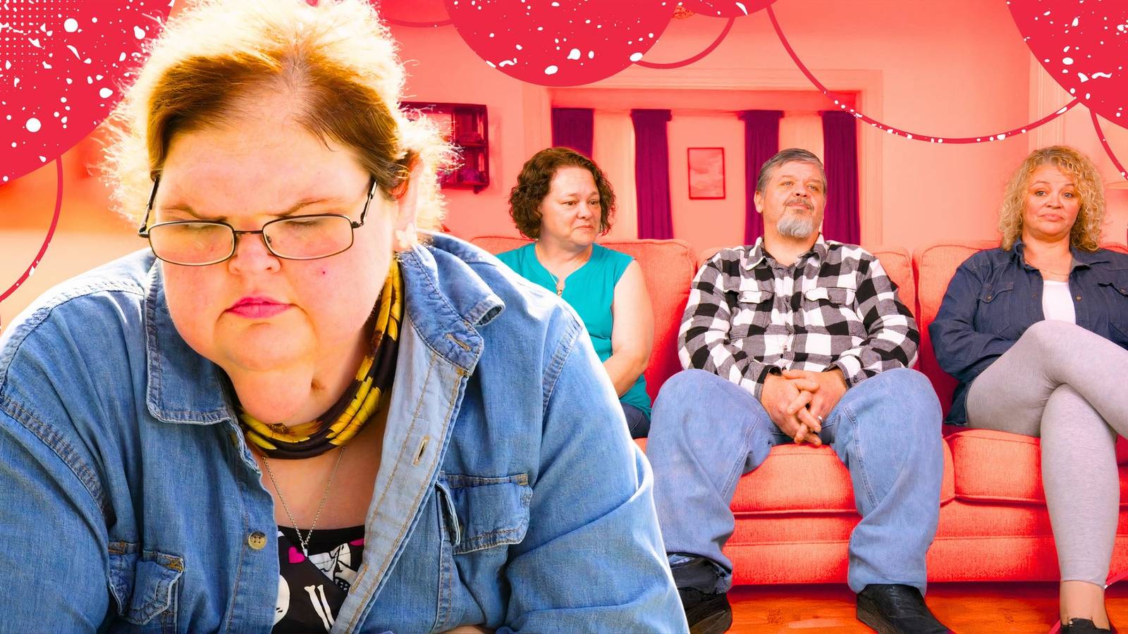 montage of tammy with amanda, chris and misty in the background on a couch from 1000-lb sisters