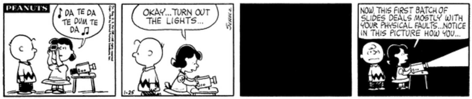 Peanuts strip: Lucy setting up her slideshow for Charlie Brown.