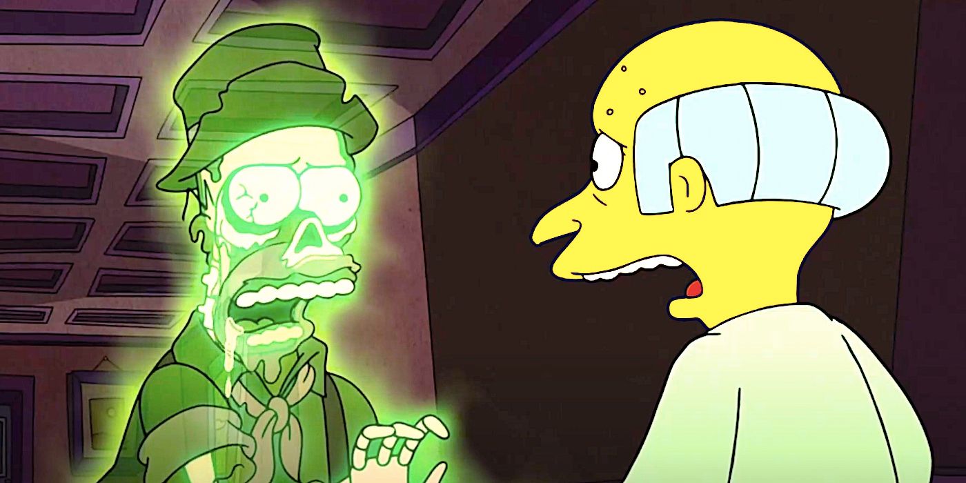 Homer Simpson fantasmagórico assustando o Sr. Burns em um episódio especial de Halloween de The Simpsons.