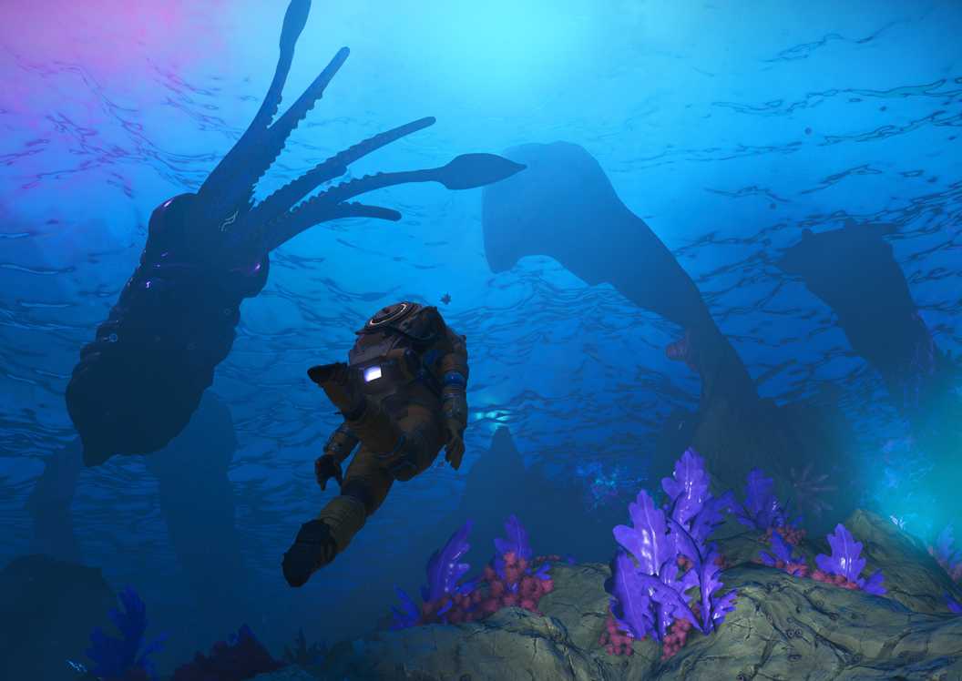A player character swimming through the ocean, right next to a squidlike creature in the No Man's Sky Worlds Part 2 update.