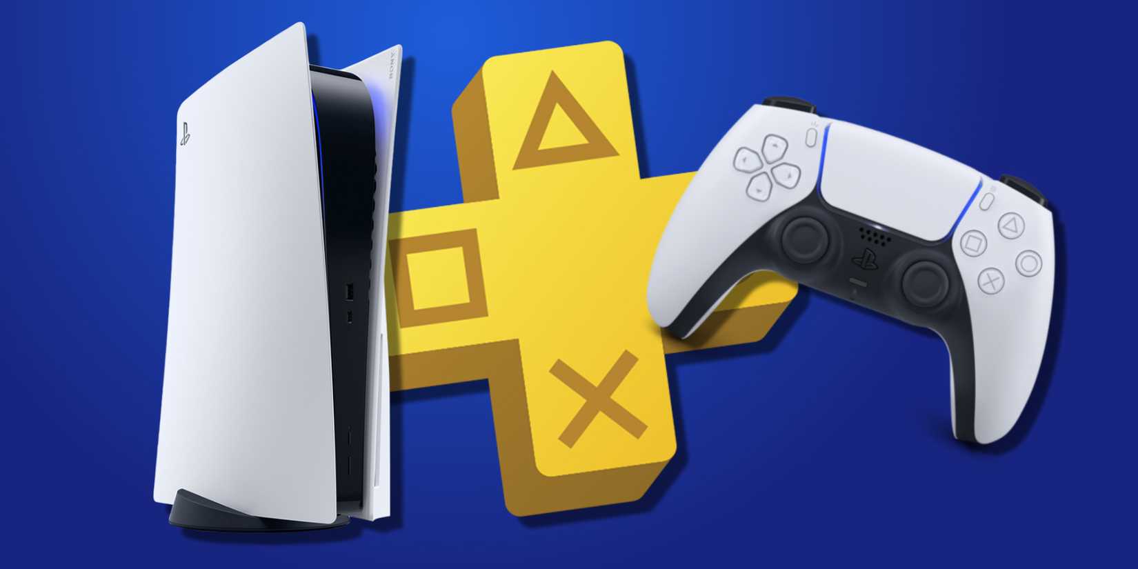 A PS5 and DualSense controller on either side of the PS Plus logo.