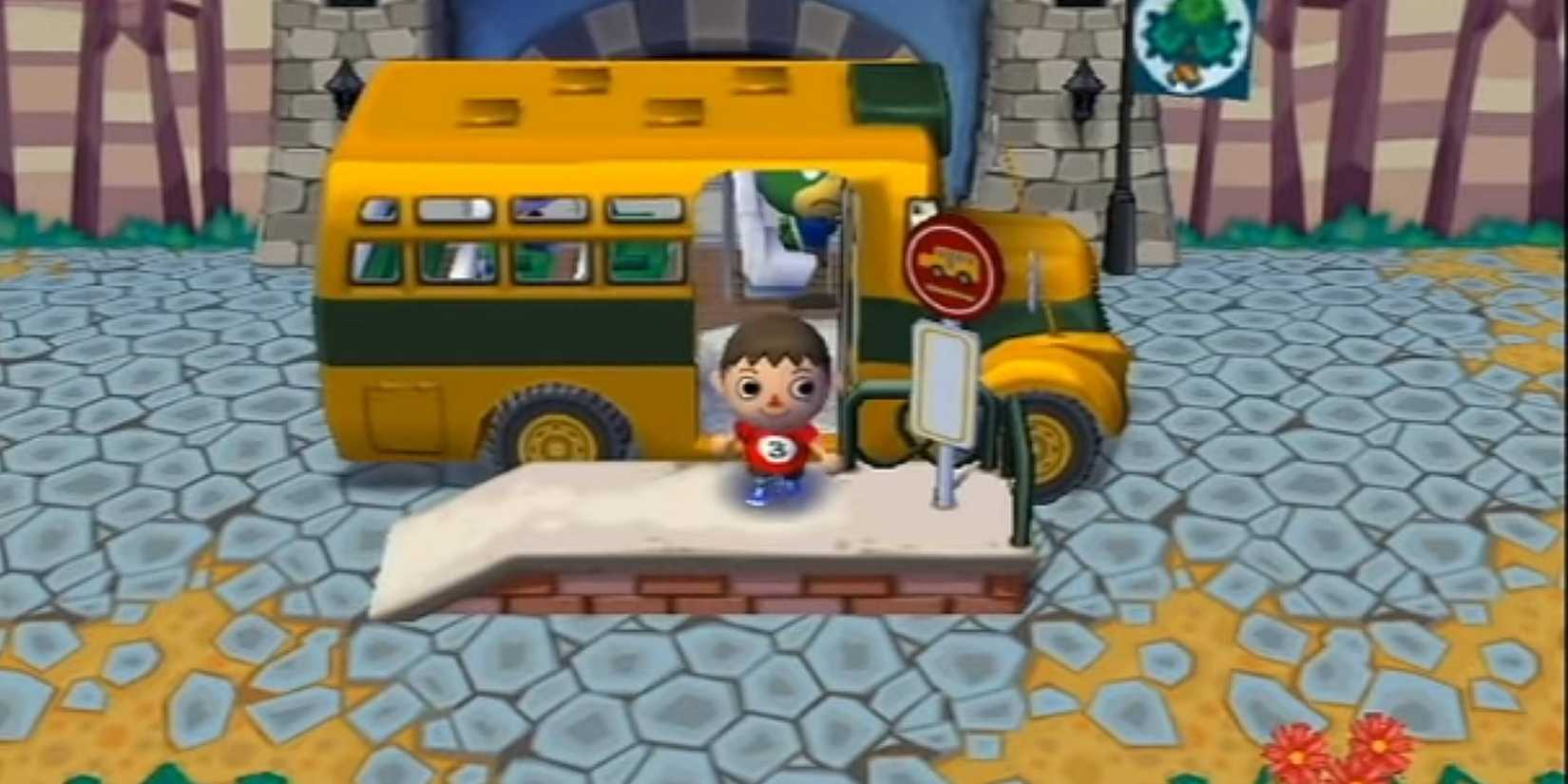 The player coming out of the bus in Animal Crossing City Folk.