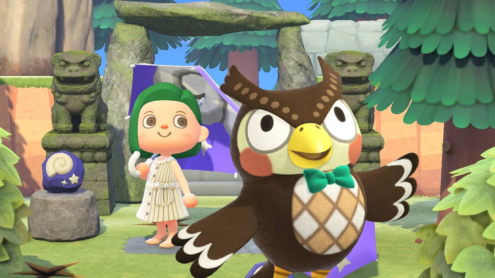 Animal Crossing New Horizons Blathers in front of a player with fossils.