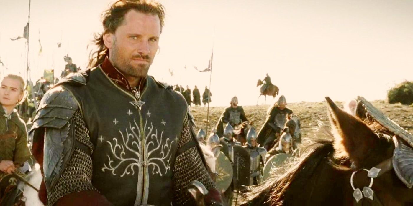 Aragorn, Legolas, and other soldiers on foot and horseback in The Lord of the Rings The Return of the King.