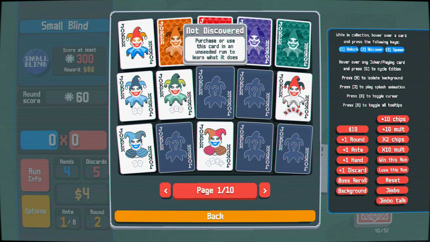 Balatro's debug menu in the Collection window.