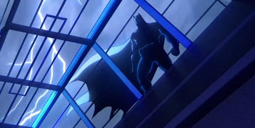 Batman stood outside in front of lightning in Creature Commandos Episode 6
