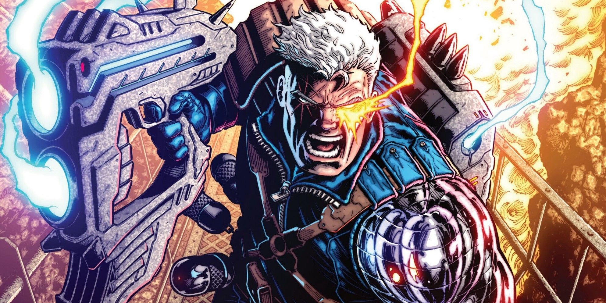 Comic book art: Cable yells while charging at the camera.