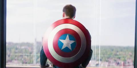 Captain America in the elevator in Captain America The Winter Soldier