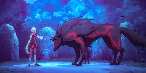 A character petting a wolf creature in Castlevania: Nocturne.