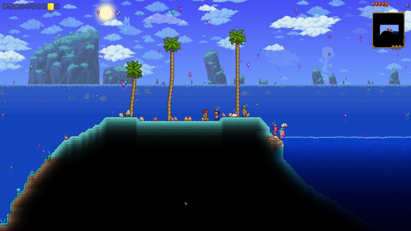 Celebrationmk10 in Terraria with palm trees, an island, and water