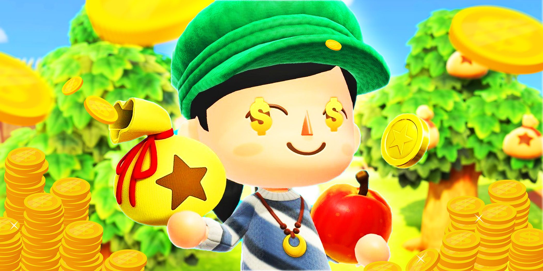 Character From Animal Crossing New Horizons with money trees and coins