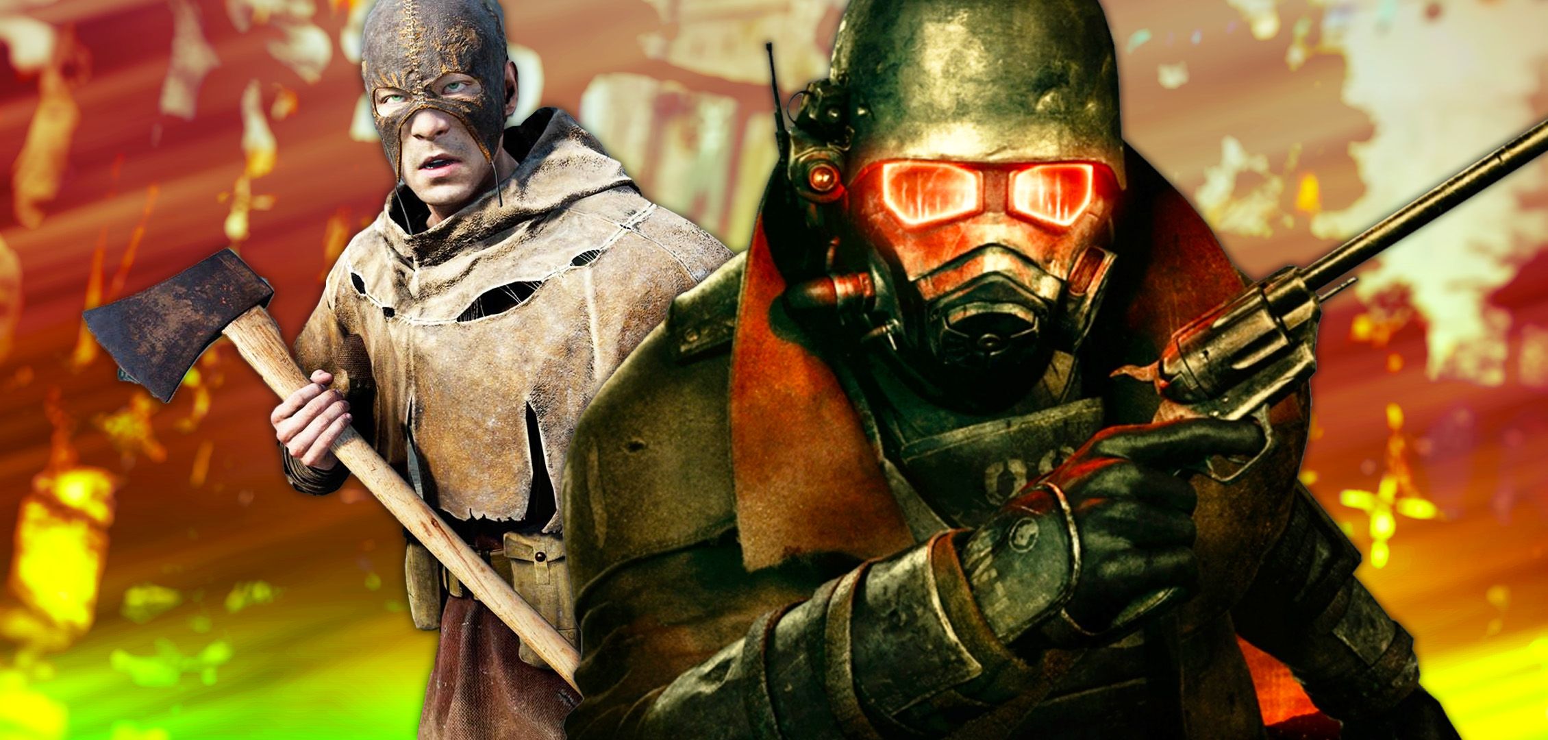 Character from Atomfall holding an axe next to a character from Fallout New Vegas.