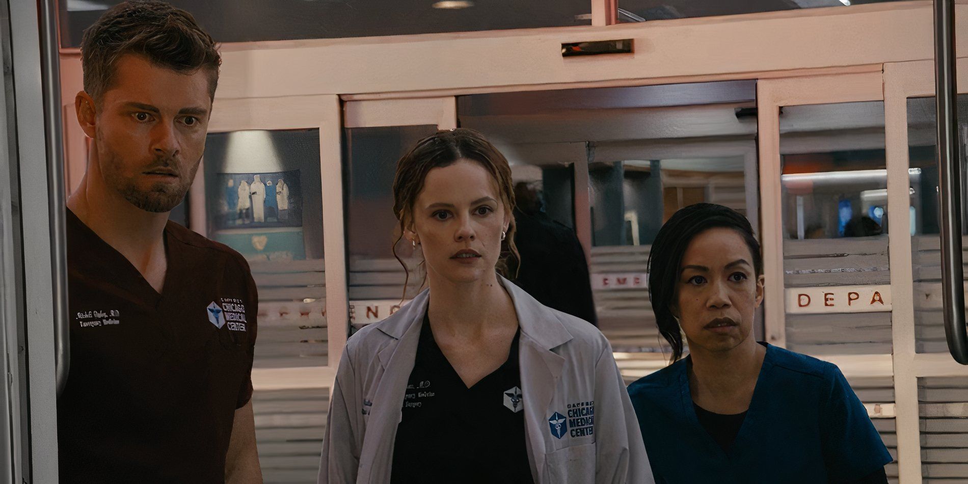 Luke Mitchell as Mitch Ripley, Sarah Ramos as Caitlin Lenox, and Lynnette Li as Nurse Nancy in Chicago Med