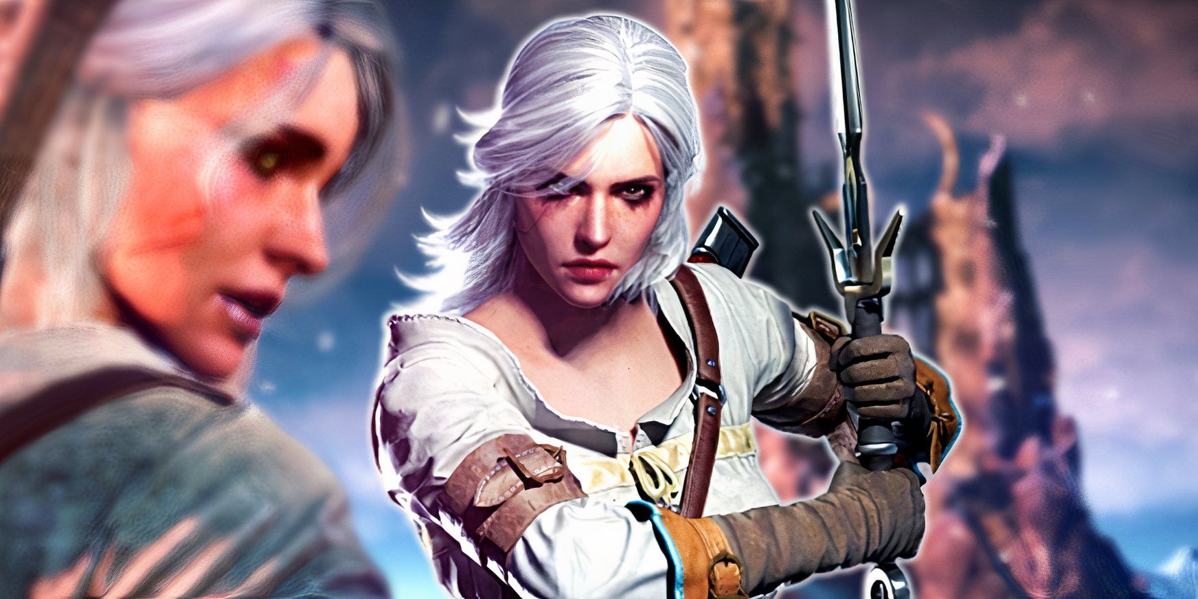 Ciri from the witcher 3 holding up a sword with a closeup of her face in the background