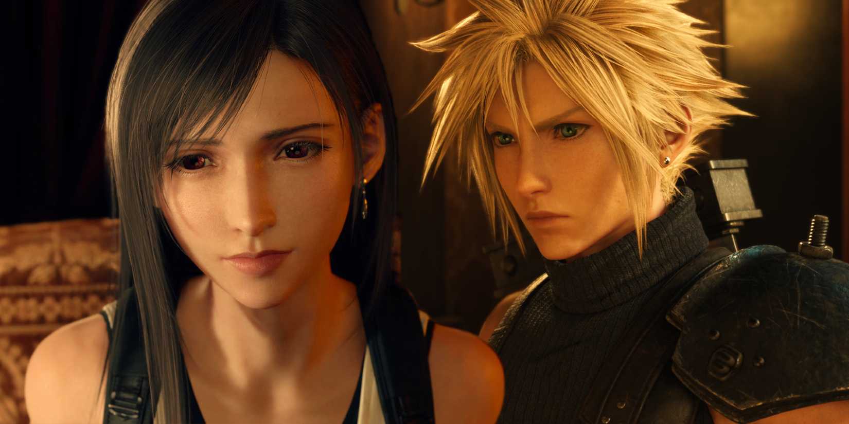 Cloud and Tifa looking upset in their hotel room in a screenshot from Final Fantasy 7 Rebirth.