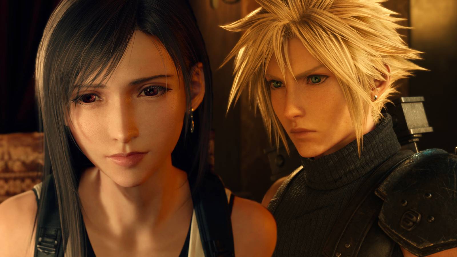 Cloud and Tifa looking upset in their hotel room in a screenshot from Final Fantasy 7 Rebirth.