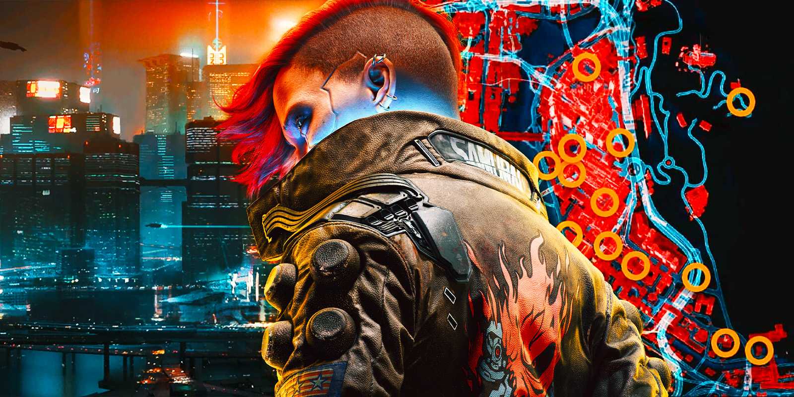 Cyberpunk 2077's V with a shot of Night City and a map covered in Scanner Locations behind them.