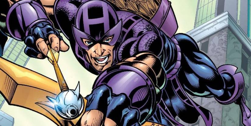 Hawkeye jumping off a building with an arrow drawn.