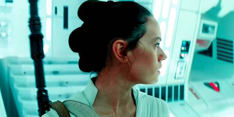 Daisy Ridley as Rey viewed in profile in Star Wars The Rise of Skywalker