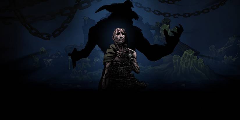 The Abomination hero in Darkest Dungeon 2 clutching his clothing while the beast within him is pictured behind him.