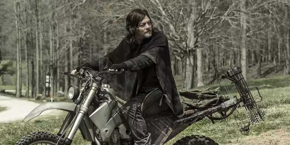 Daryl Dixon looking over his shoulder while on a motorcycle