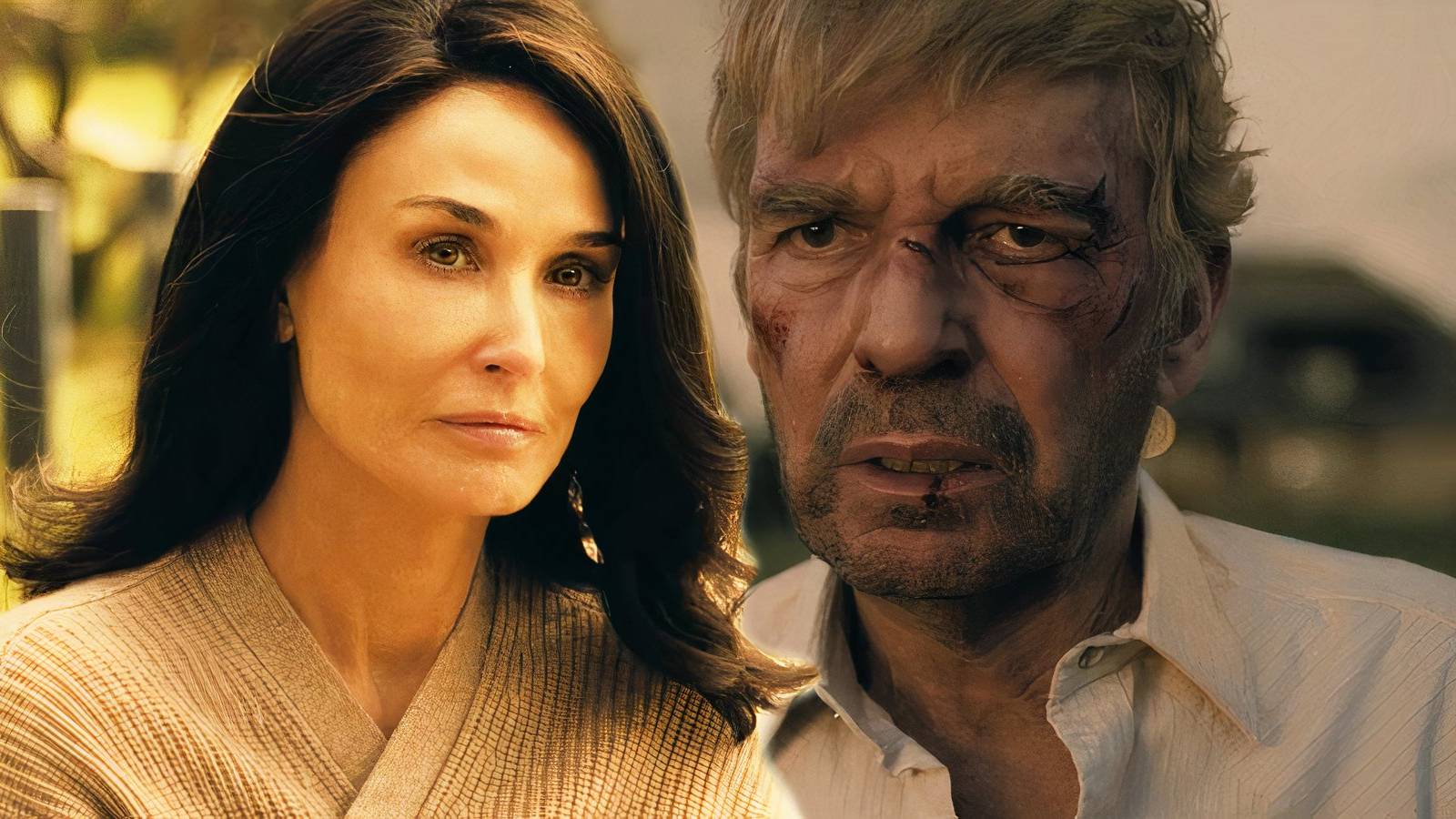 Demi Moore as Cami looking serious next to Billy Bob Thornton as Tommy with his face injured in Landman