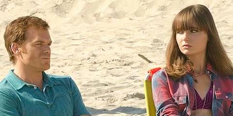 Dexter and Astor sitting on the beach together in Dexter