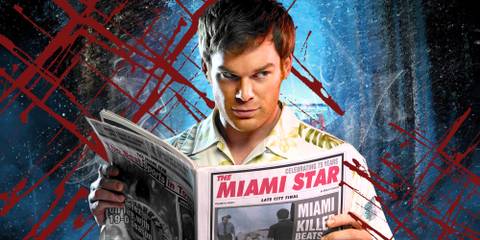 Dexter Morgan reading a newspaper in Dexter with New Blood's snowy poster in the background