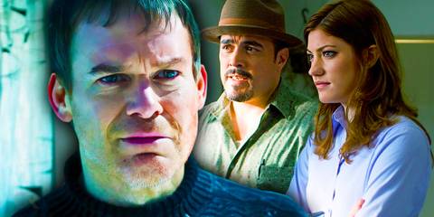 Dexter Morgan with a sad smile on his face in Dexter: New Blood with Angel Batista and Debra Morgan in Dexter