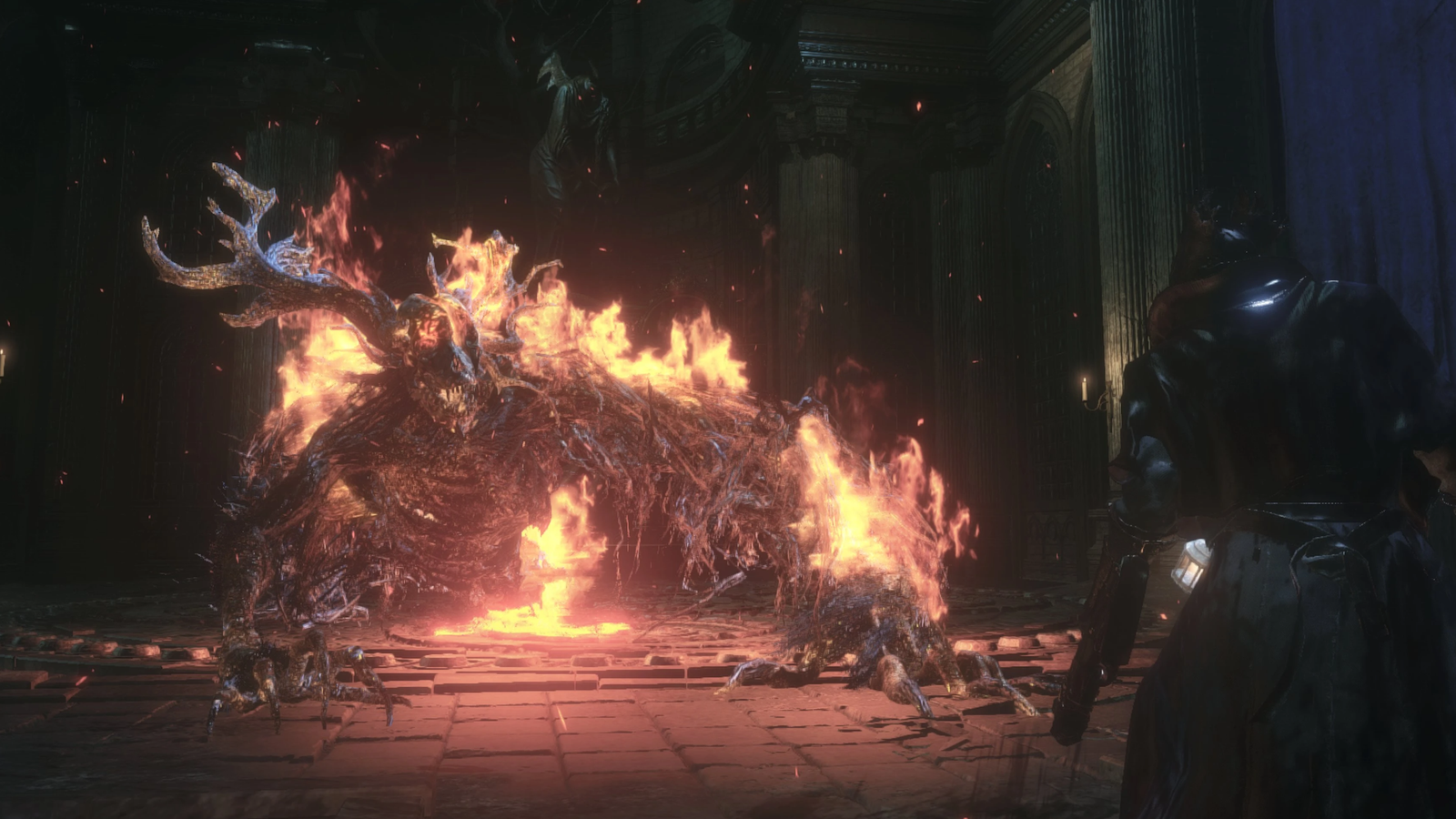 A flaming monster approaching The Hunter from Bloodborne.