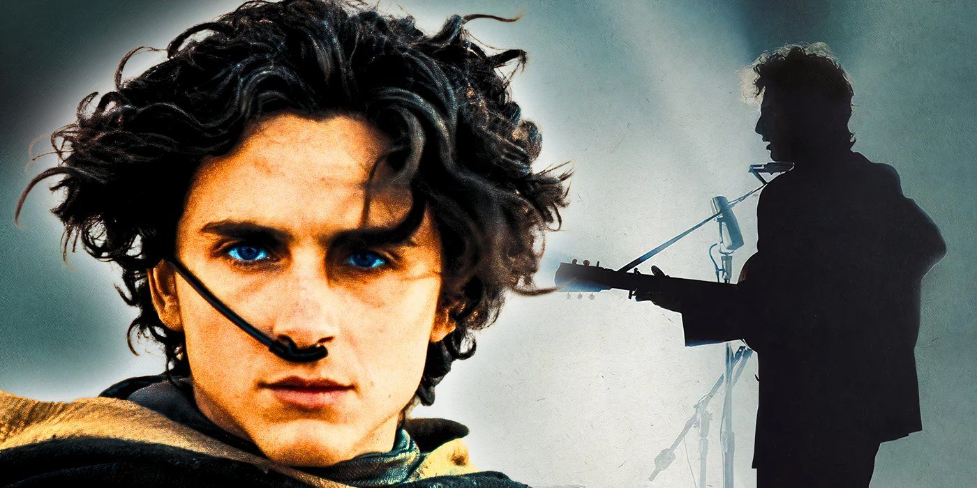 An edited image of Timothee Chalamet as Paul in Dune: Part Two and Bob Dylan in A Complete Unknown.