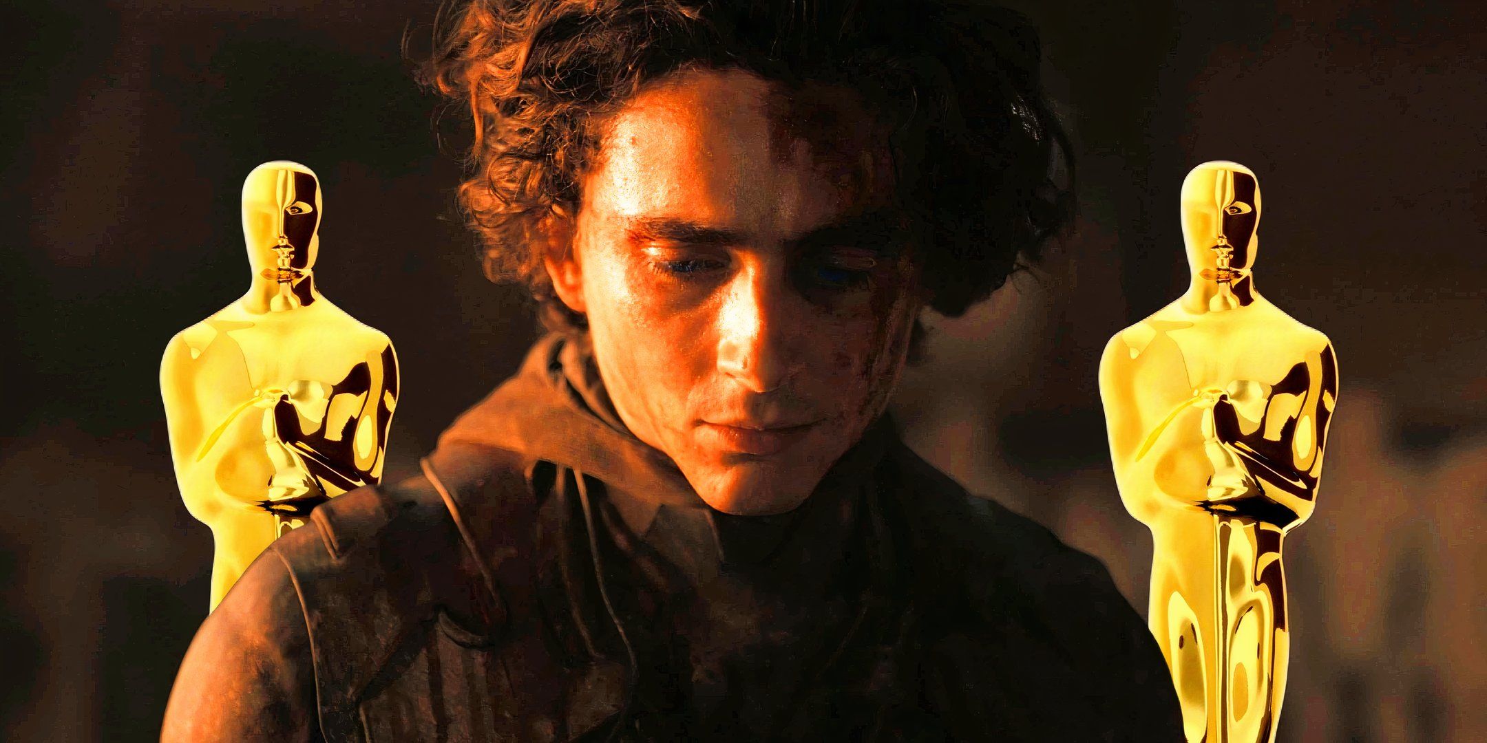 Timothée Chalamet as Paul Atreides in Dune 2 with Oscars statues