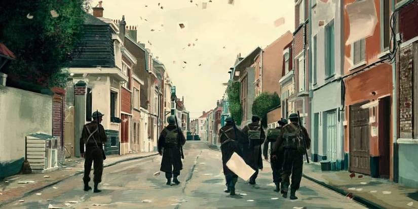 Soldiers walk down a street as pamphlets rain down in Dunkirk