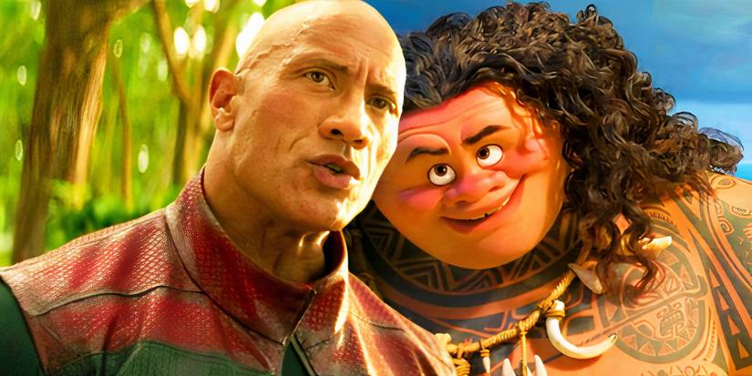 Dwayne Johnson as Callum Drift in Red One juxtaposed with Maui smiling in Moana