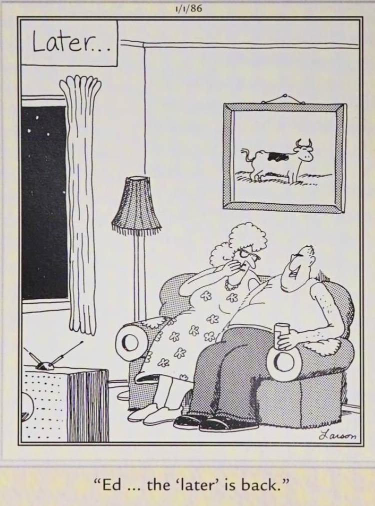 Far Side, 1 января 1986 года, мета-юмор, в котором пара беспокоится из-за надписи "Позже" в их панели