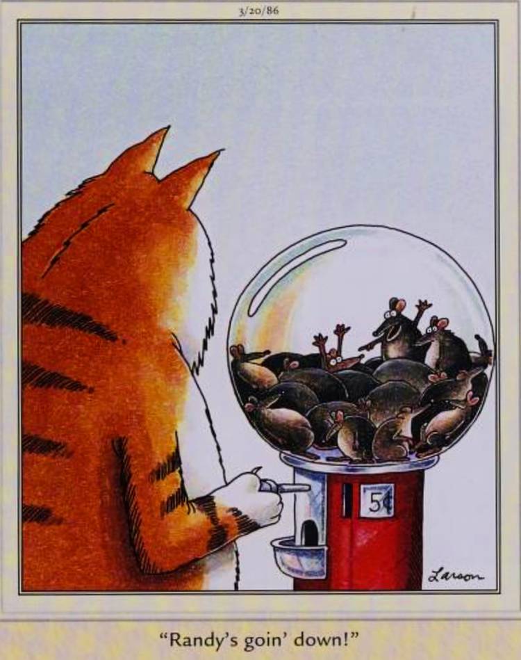 Far Side, March 20, 1986, a cat gets a rat out of a gumball machine
