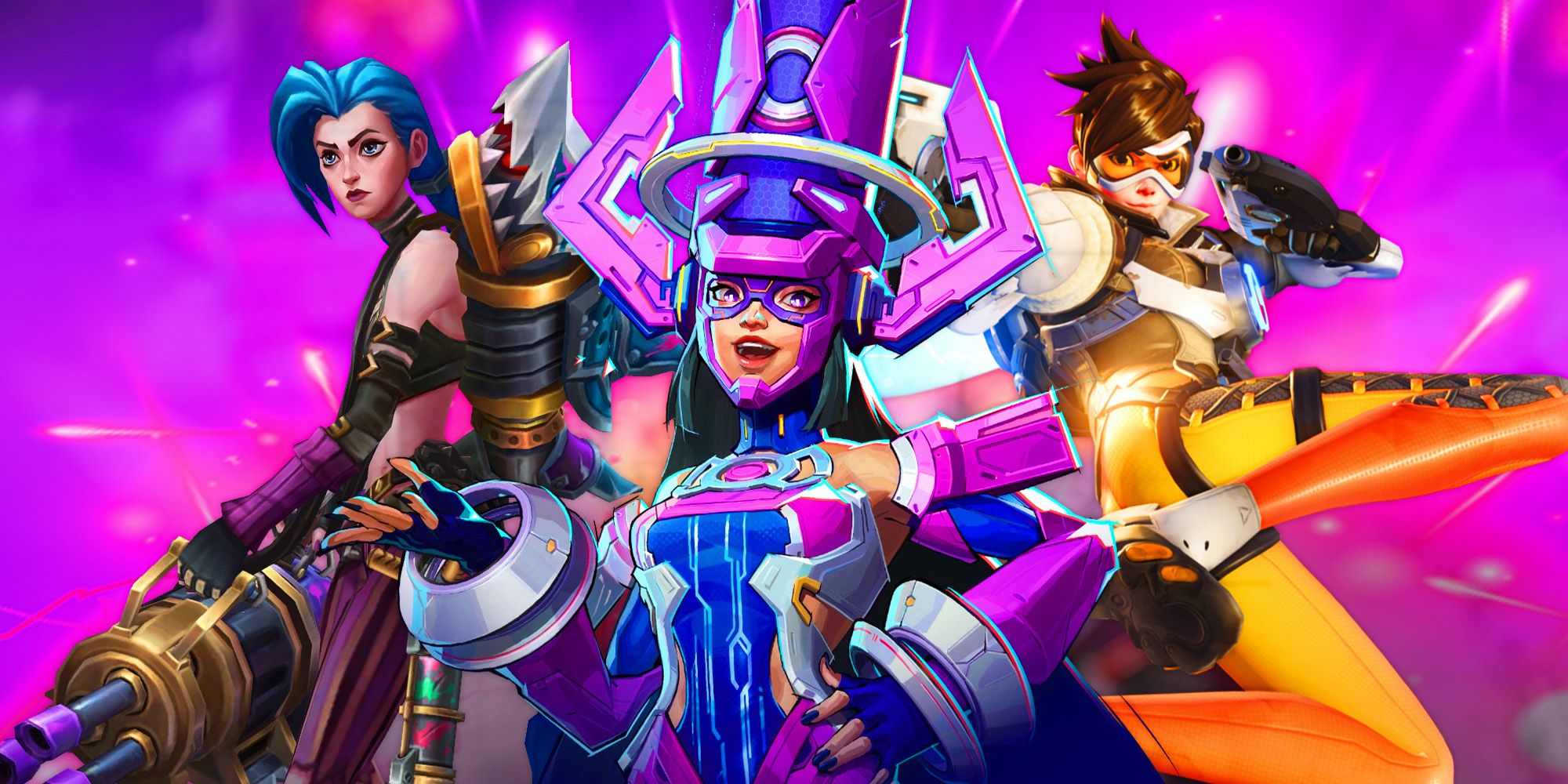 Galacta in between Jinx from League of Legends and Tracer from Overwatch.