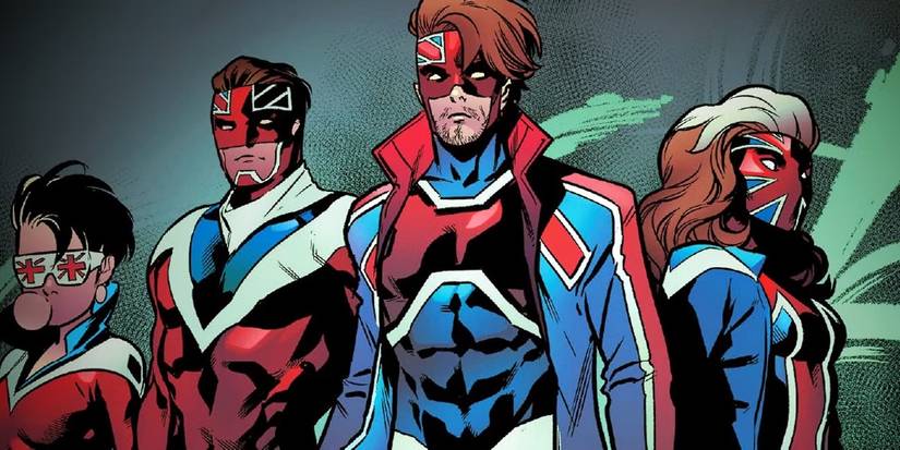 The art of comics: Gambit Rogue and other versions of Captain Britain in X-Men Comics pose together.