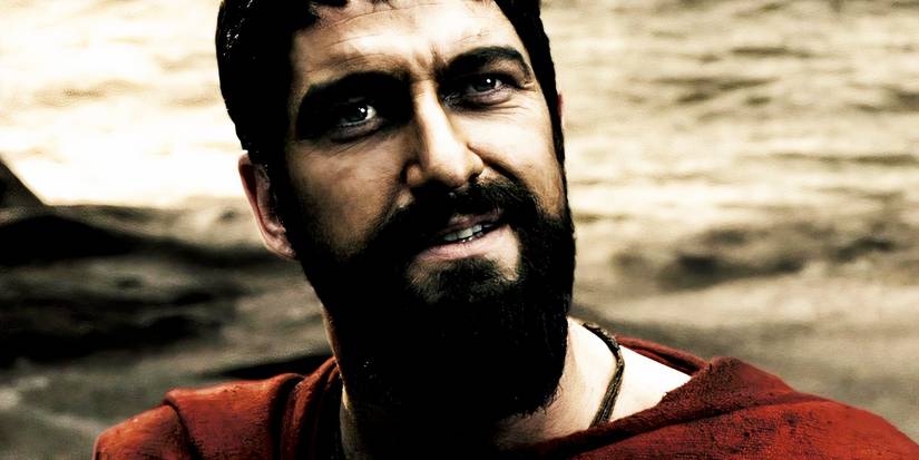 Gerard Butler as Leonidas speaking to someone in 300