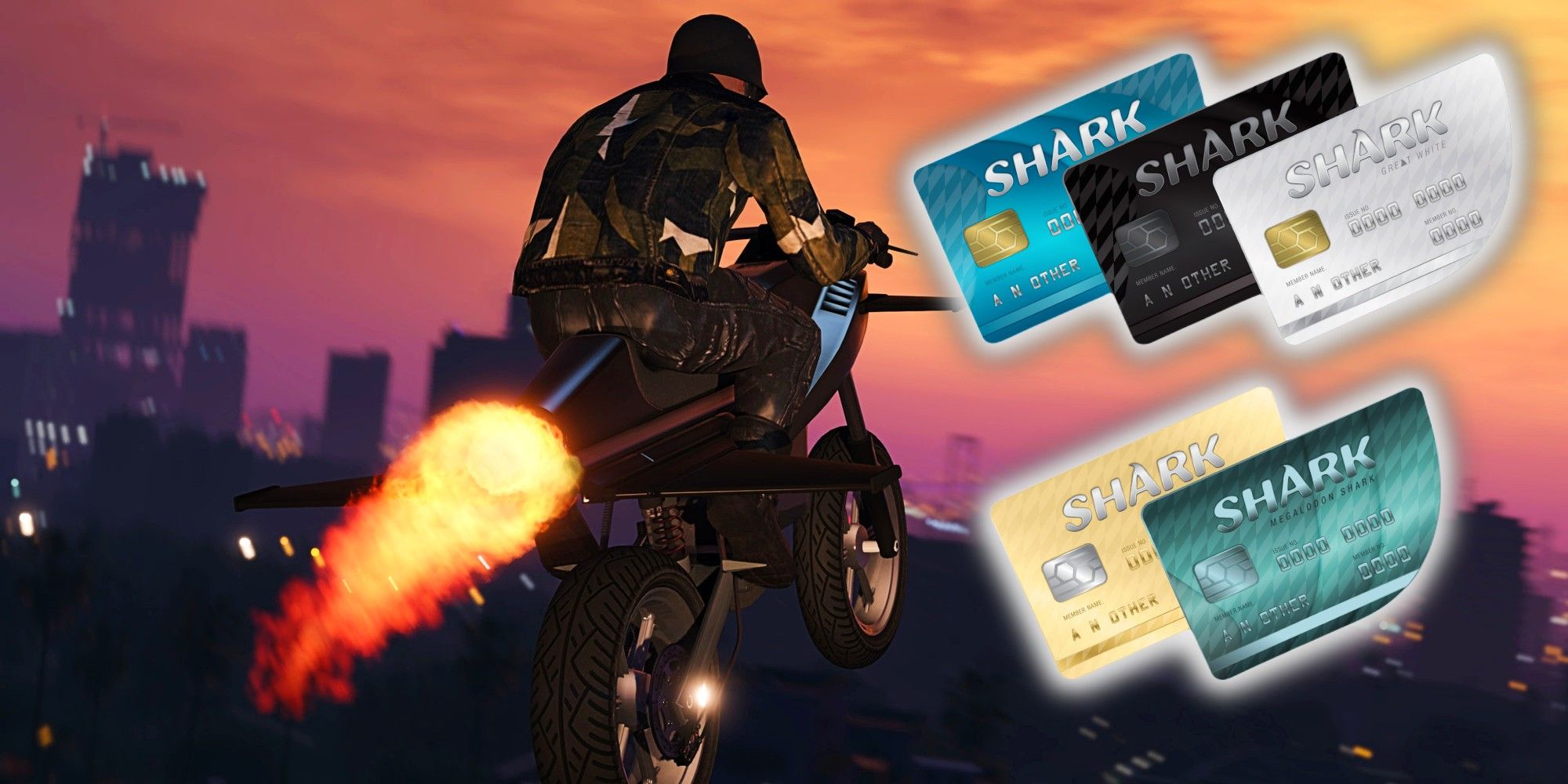 Grand Theft Auto 5 Player flying their motorcycle jet next to shark cards.