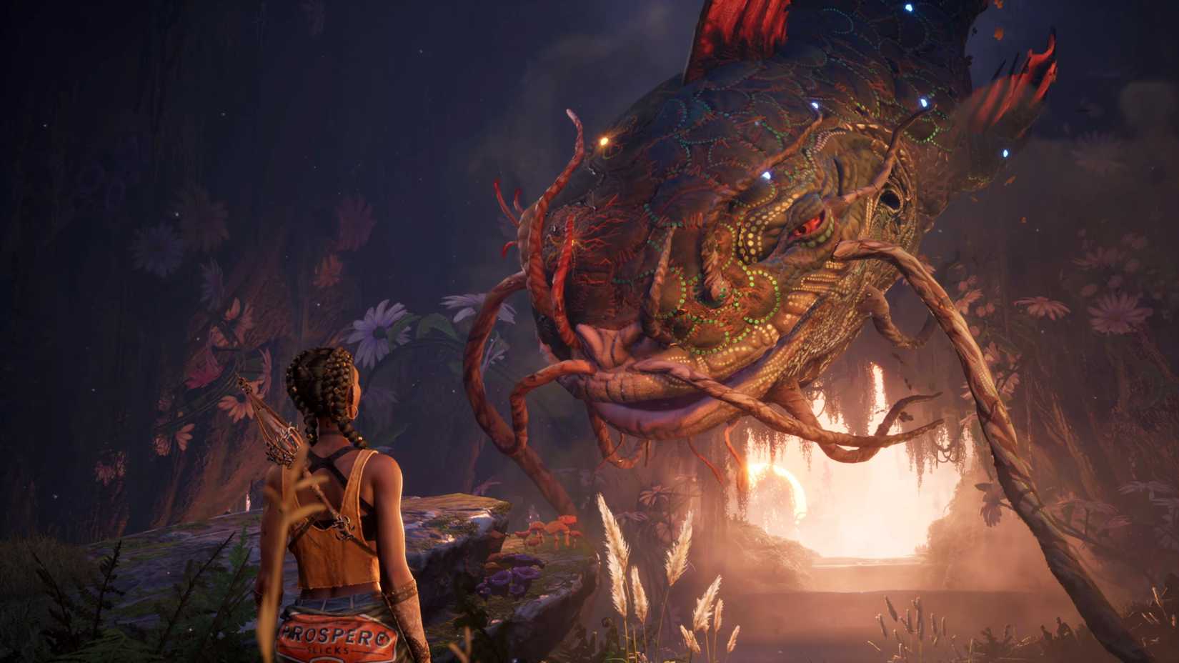 Hazel meeting her giant catfish friend in South of Midnight.