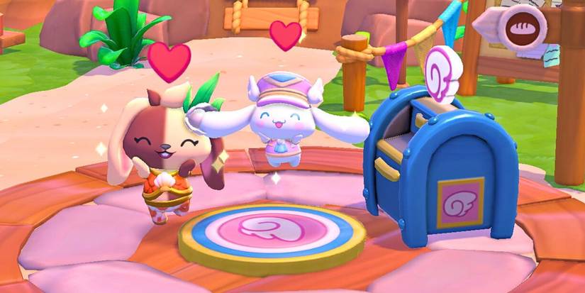 Player e Cinnamoroll posaram ao lado de uma caixa de correio de viagem rápida em Hello Kitty Island Adventure