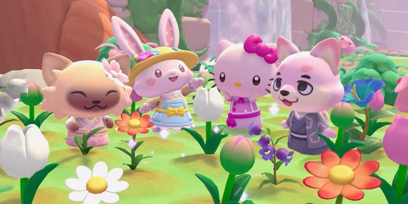 Hello Kitty, Wish me mell, and players enjoying flowers in Hello Kitty Island Adventure