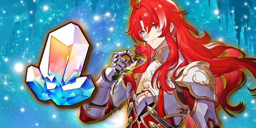 Honkai Star Rail's Argenti smells a rose next to a Stellar Jade.