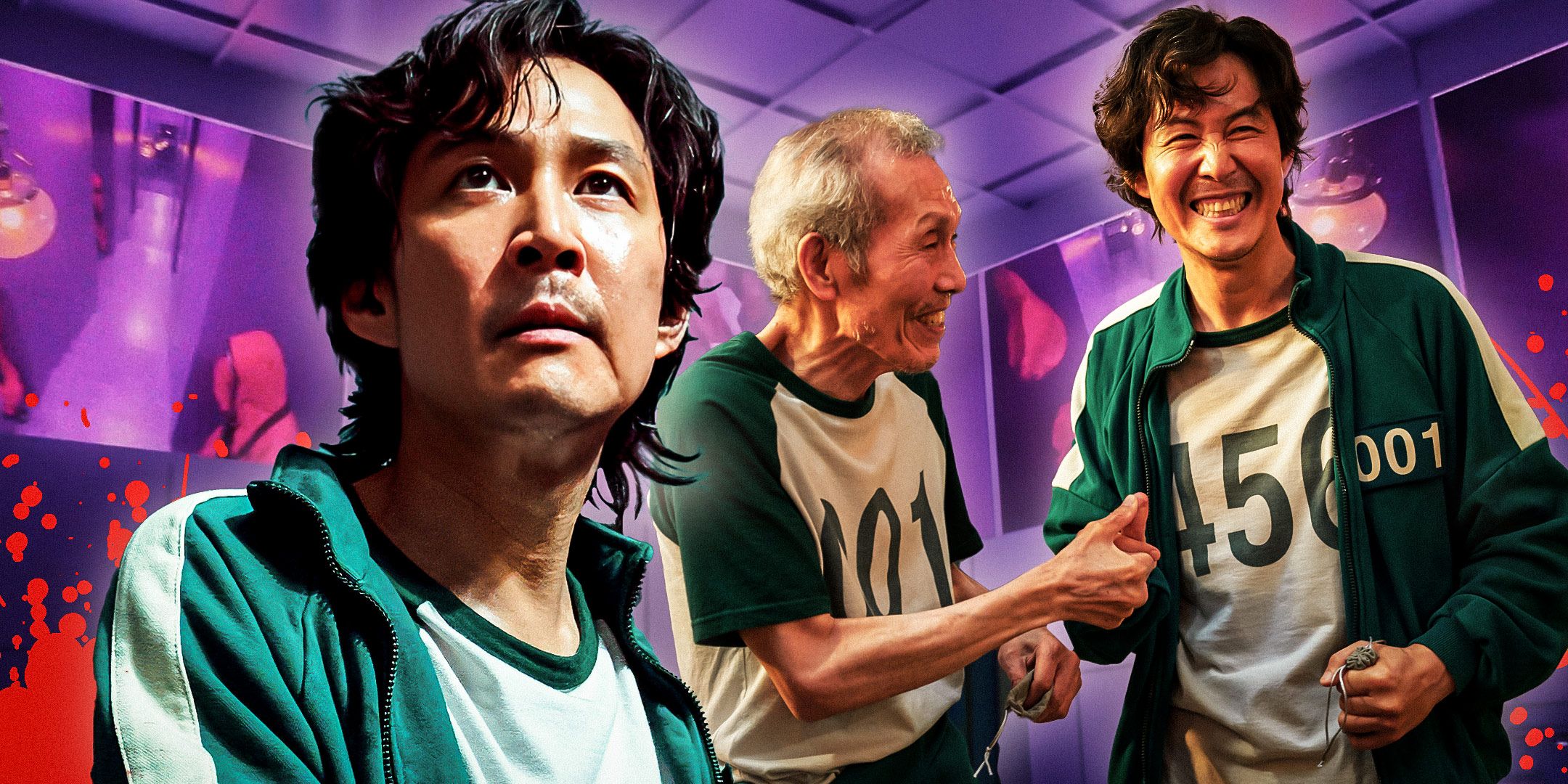 Настраиваемое изображение, на котором Ги-Хун смотрит вверх с серьезным выражением лица, празднуя вместе с игроком 001