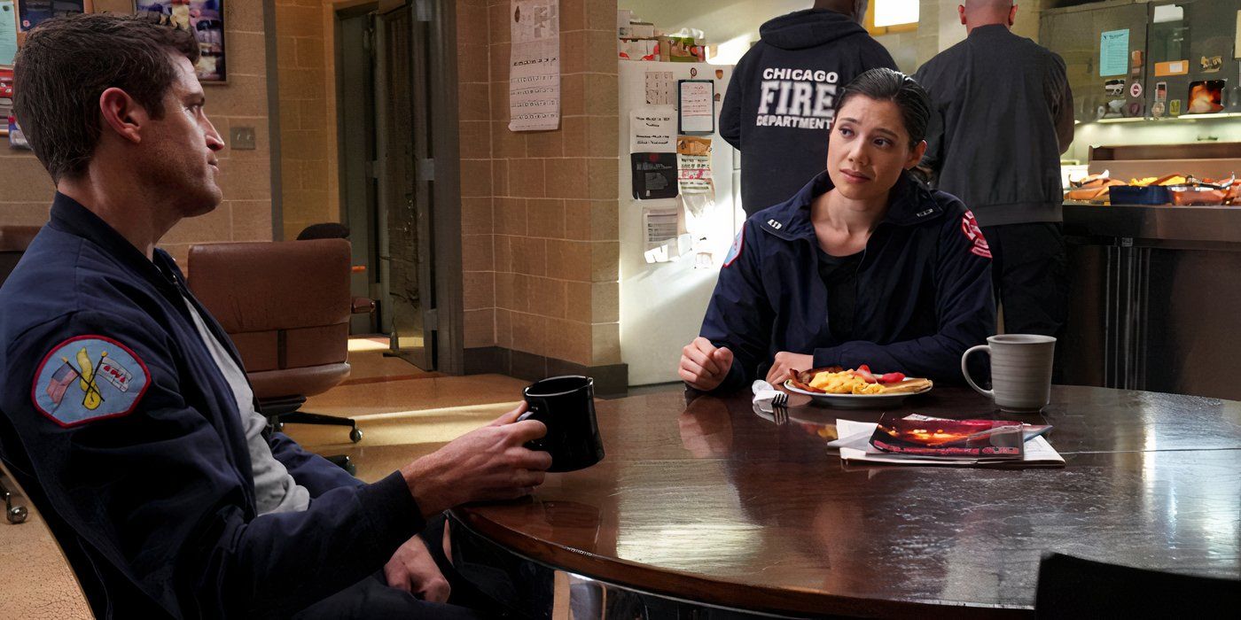 Jake Lockett as Sam Carver and Hanako Greensmith as Violet Mikami in Chicago Fire season 13