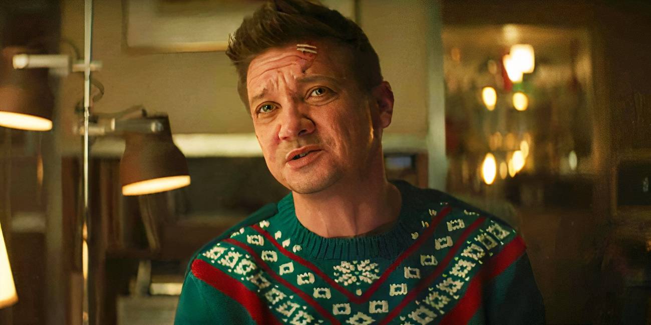 Jeremy Renner wearing a holiday sweater as Clint Barton in Hawkeye